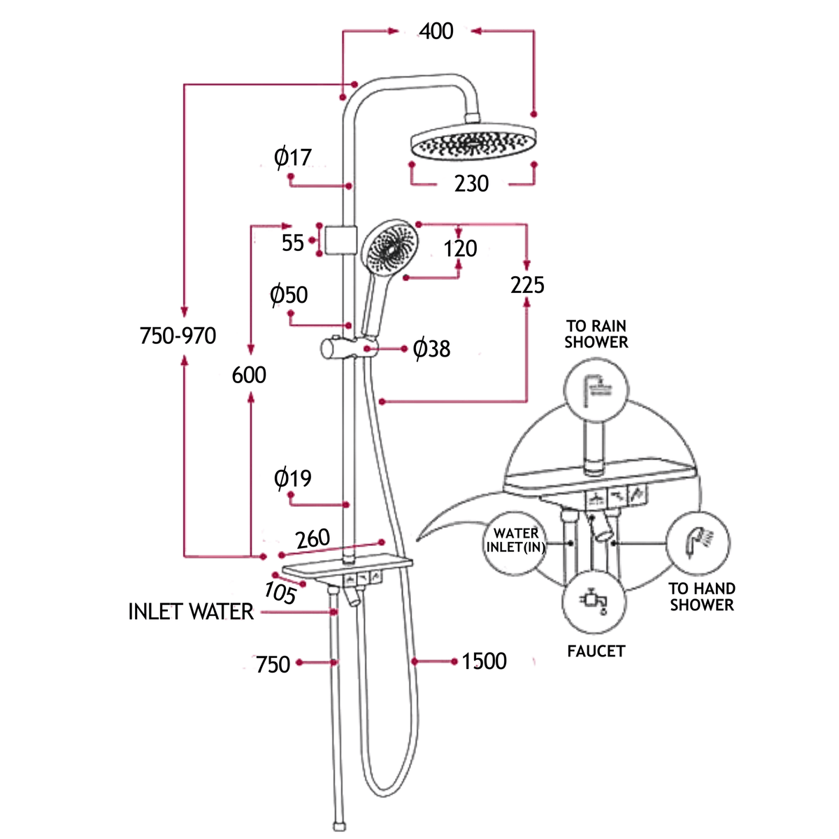 ET-123 Instant Water Heater with Rainshower Shower Set | ET-123-MS, ET-123-MB, ET-123-GM