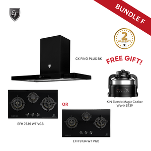 [Bundle F] 90cm Wall Mount Chimney Hood + 78cm/88cm 3 Burners Black Glass Gas Hob | CK FINO PLUS BK + EFH 7636 WT VGB or EFH 9734 WT VGB