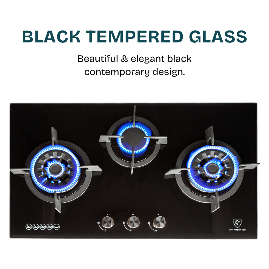 73cm 3 Burners, Black Glass Gas Hob | EFH 7630 TN VGB