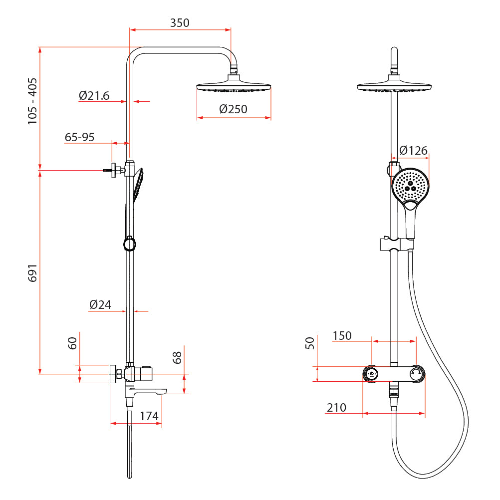 Pushstop Round Rainshower Column With Mixer (Matte Black) | RSC-PUSHSTOP-R61-BK
