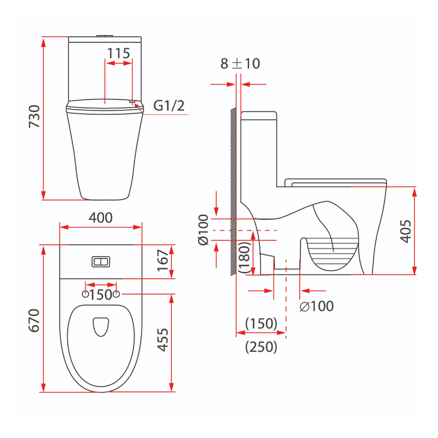 Washdown One-Piece Toilet S-Trap 250mm | PN-105S10