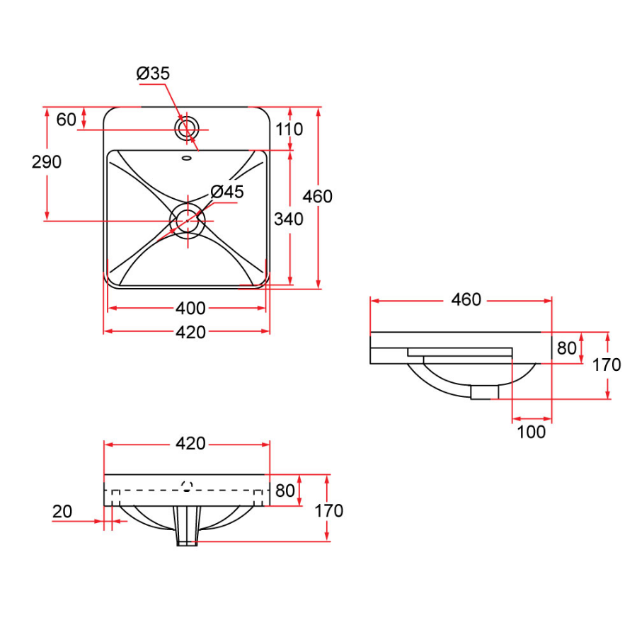 Semi-Recessed Square Ceramic Basin | RIFF 42M