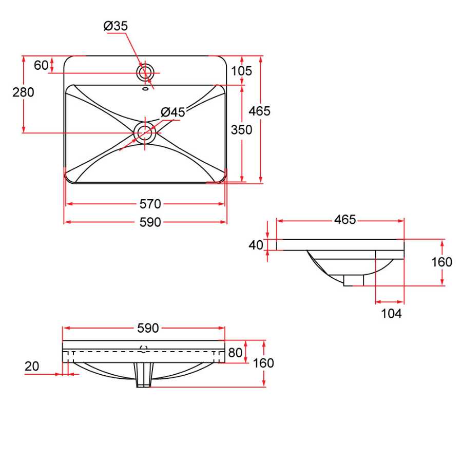 Semi-Recessed Rectangular Ceramic Basin | RIFF 59M
