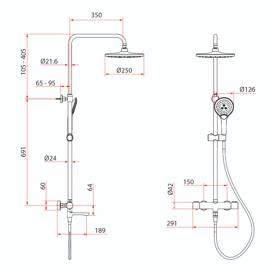 Thermo Round Rainshower Column With Mixer (Matte Black/Chrome)