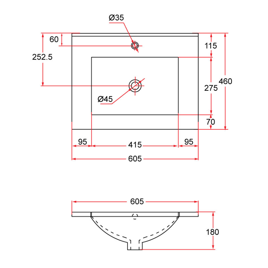 Insert Top Rectangular Ceramic Basin | TOP 60M
