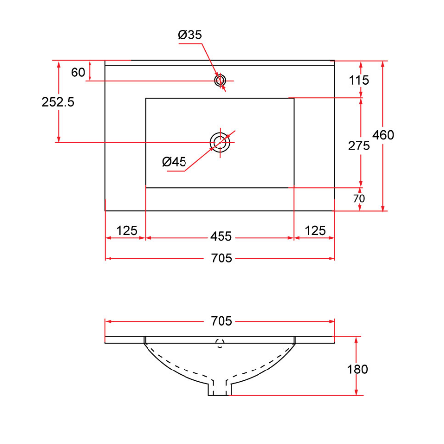 Insert Top Rectangular Ceramic Basin | TOP 70M