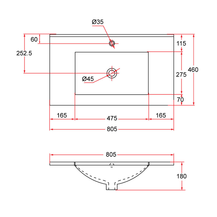 Insert Top Rectangular Ceramic Basin | TOP 80M