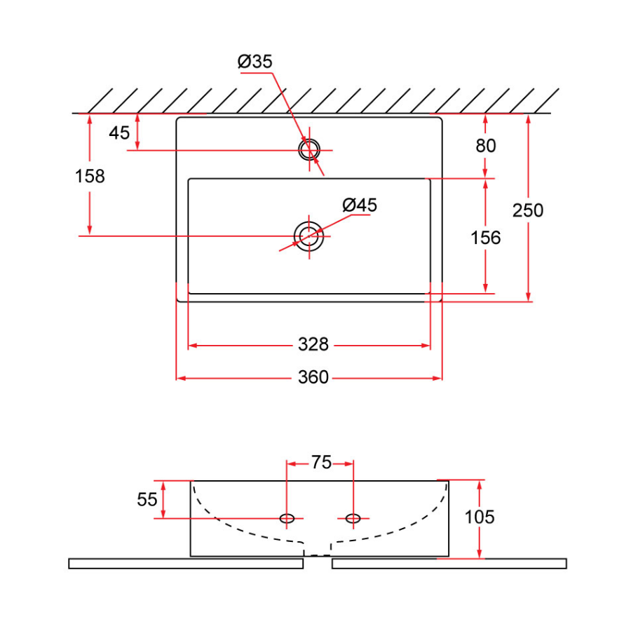 Wall-Hung / Countertop Rectangular Ceramic Basin | VENTO 36M