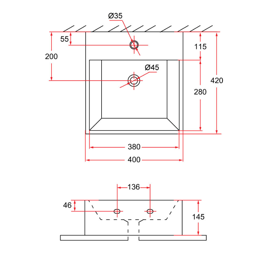 Wall-Hung / Countertop Square Ceramic Basin | VENTO 40M-BK