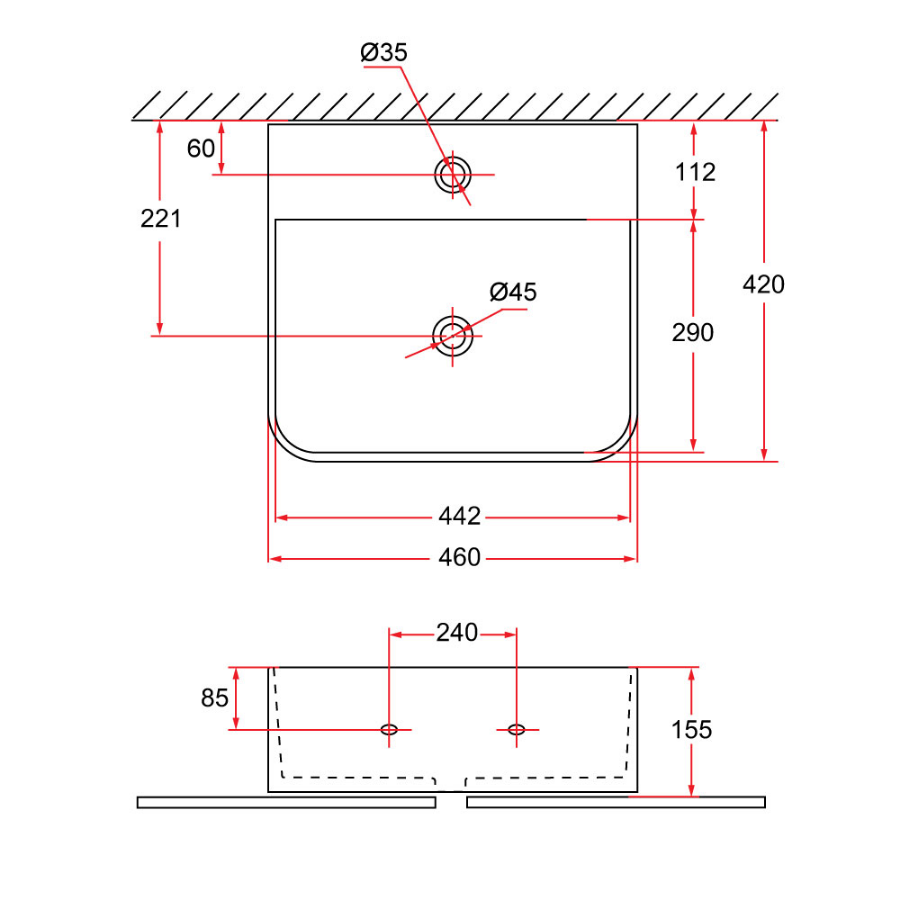 Wall-Hung / Countertop Rectangular Ceramic Basin | VENTO 46M