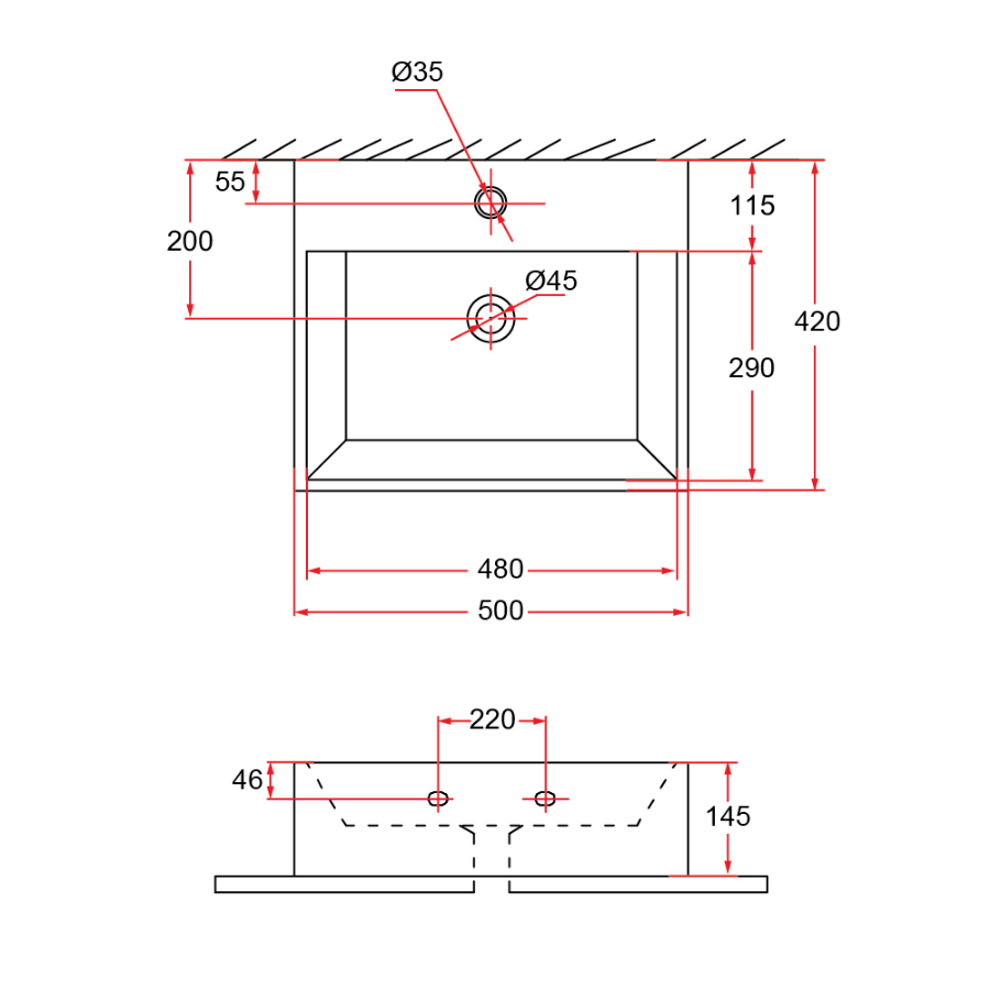Wall-Hung / Countertop Rectangular Ceramic Basin | VENTO 50M-BK