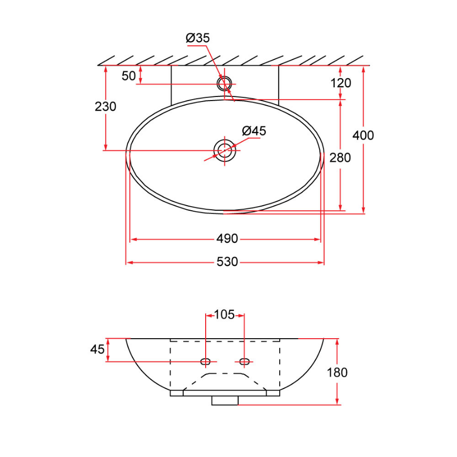 Wall-Hung Oval Ceramic Basin | VENTO 53M