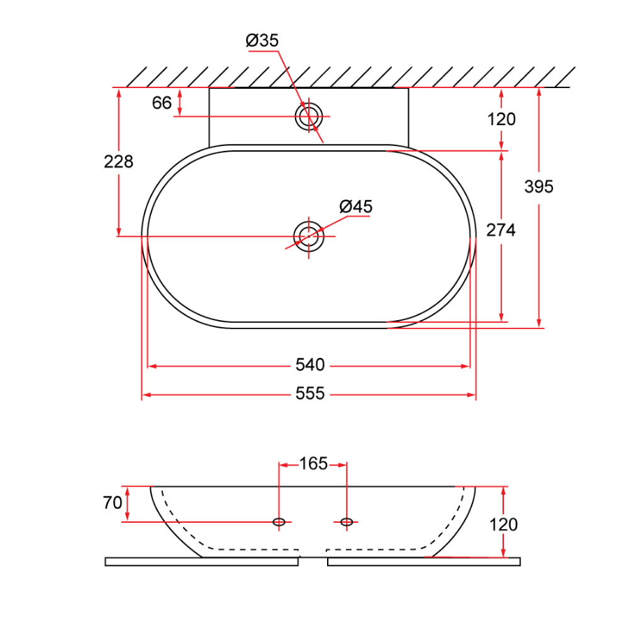 Wall-Hung Oval Ceramic Basin | VENTO 55M