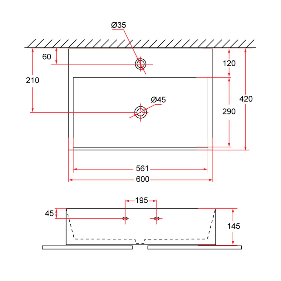 Wall-Hung / Countertop Rectangular Ceramic Basin | VENTO 60M