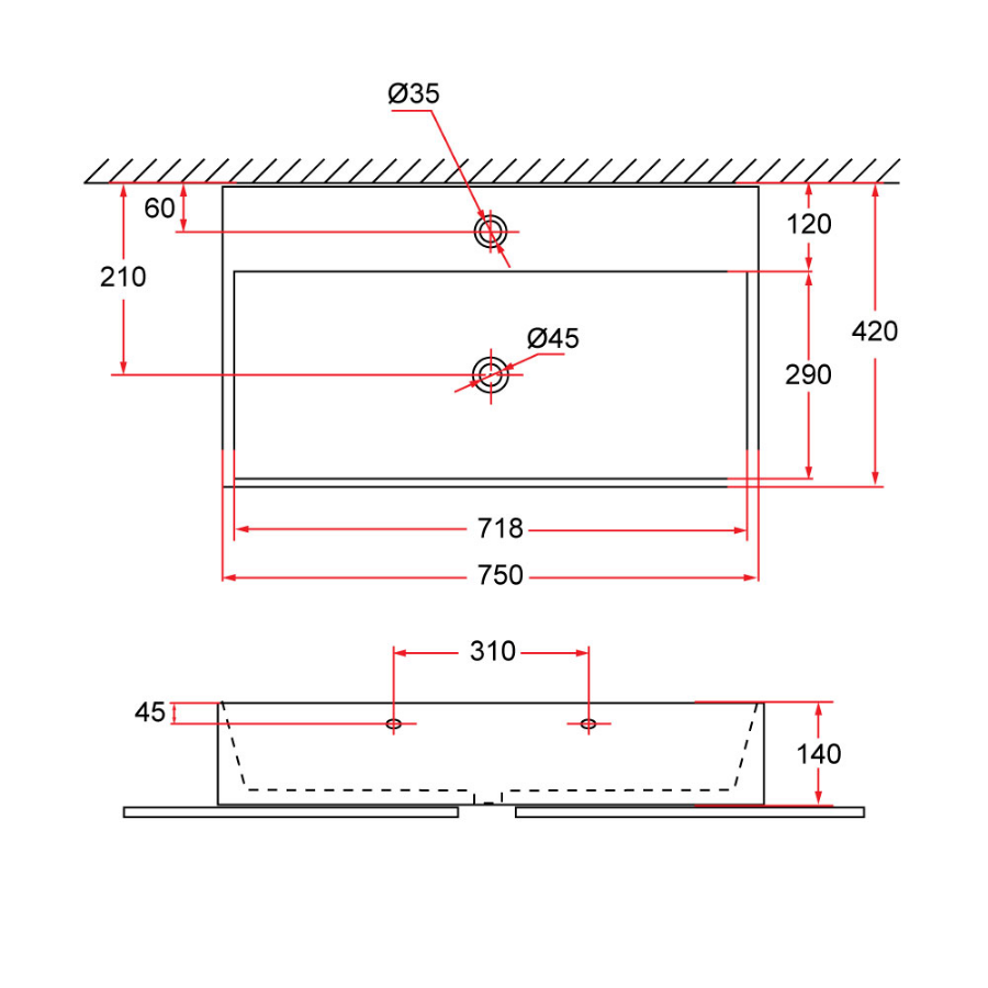 Wall-Hung / Countertop Rectangular Ceramic Basin | VENTO 75M