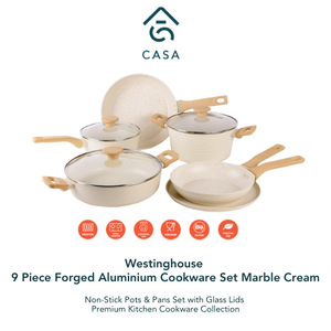 Westinghouse 9 Piece Forged Aluminium Cookware Set Marble Cream | Non-Stick Pots & Pans Set with Glass Lids | Premium Kitchen Cookware Collection | WCCS205909A