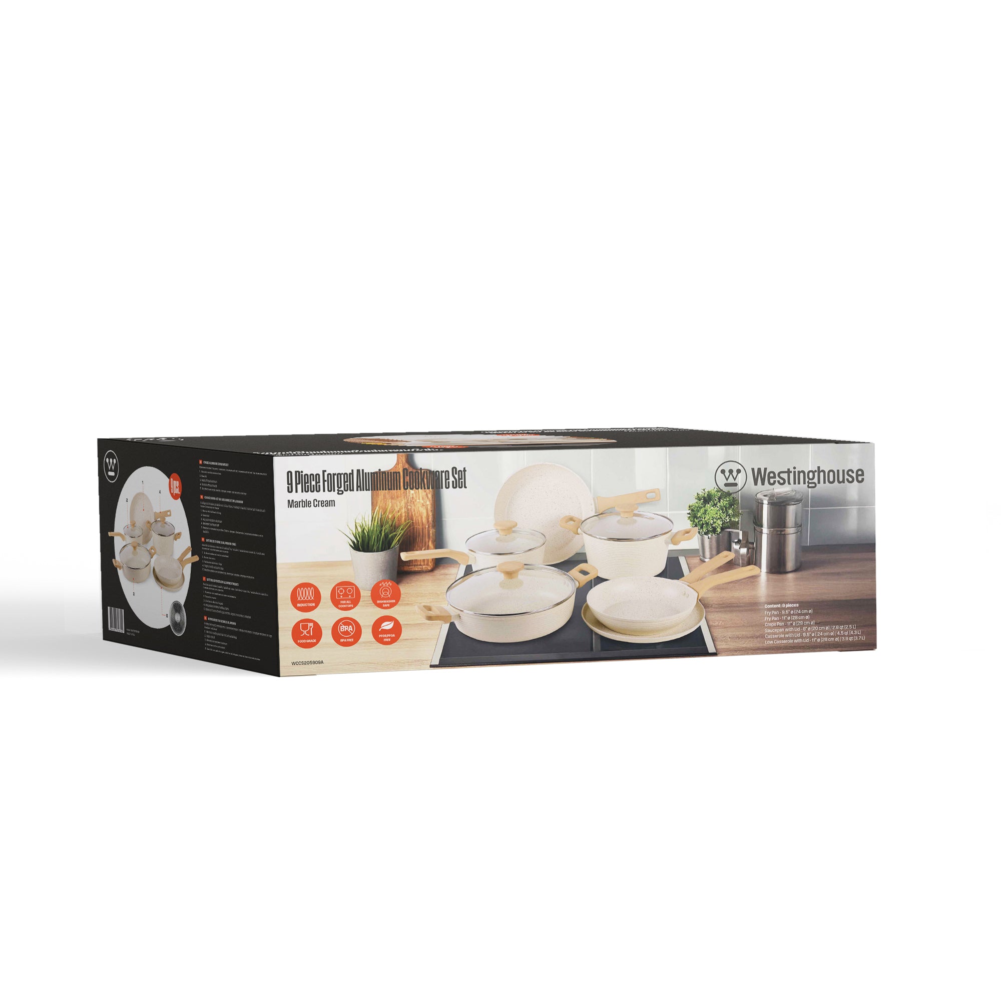 Westinghouse 9 Piece Forged Aluminium Cookware Set Marble Cream | Non-Stick Pots & Pans Set with Glass Lids | Premium Kitchen Cookware Collection | WCCS205909A