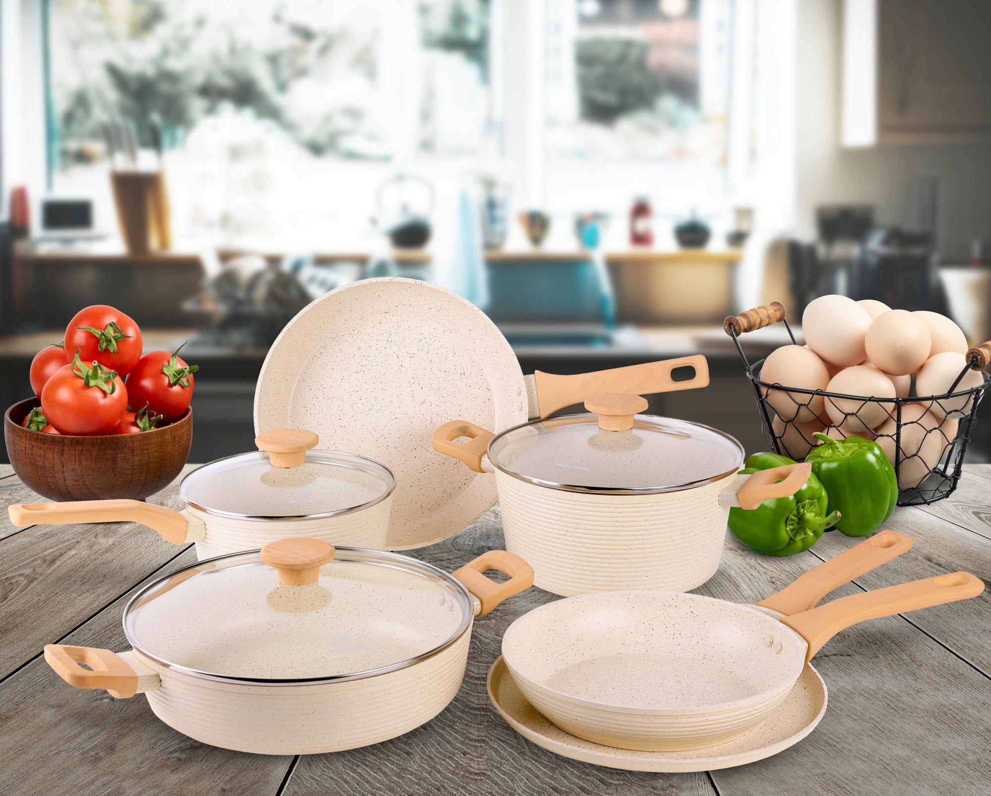 Westinghouse 9 Piece Forged Aluminium Cookware Set Marble Cream | Non-Stick Pots & Pans Set with Glass Lids | Premium Kitchen Cookware Collection | WCCS205909A