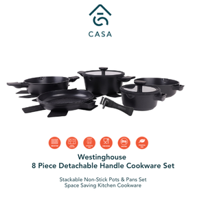 Westinghouse 8 Piece Detachable Handle Cookware Set | Stackable Non-Stick Pots & Pans Set | Space Saving Kitchen Cookware | WCCS208011A
