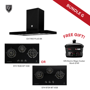[Bundle G] 90cm Wall Mount Chimney Hood + 78cm/88cm 3 Burners Black Glass Gas Hob