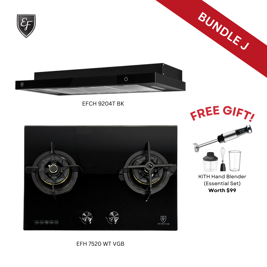 [Bundle J] 90cm Semi Integrated Slim Hood + 70cm 2 Burners Black Glass Gas Hob