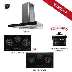 [Bundle F] 90cm Wall Mount Chimney Hood + 78cm/88cm 3 Burners Black Glass Gas Hob