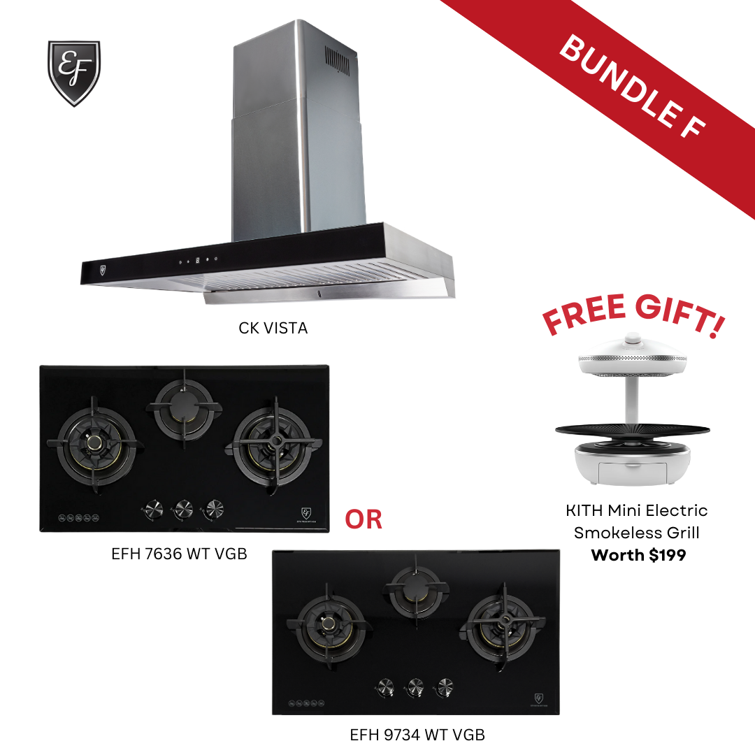 [Bundle F] 90cm Wall Mount Chimney Hood + 78cm/88cm 3 Burners Black Glass Gas Hob