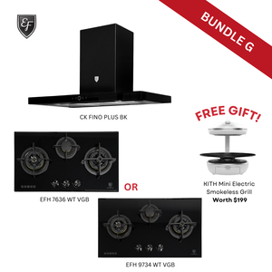 [Bundle G] 90cm Wall Mount Chimney Hood + 78cm/88cm 3 Burners Black Glass Gas Hob